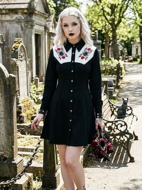 Gothic Black Mini Dress with Embroidered White Yoke
